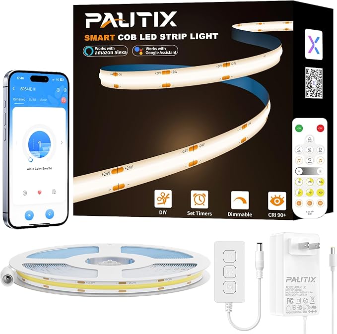 PAUTIX COB LED Strip Nautral White,4000K Dimmable LED Tape Light,CRI93+ Super Bright High Lumen,Compatible with Alexa/Google Assistant,Flexible Strip Ligths for Bedroom,Kitchen,Office,Under Cabinet