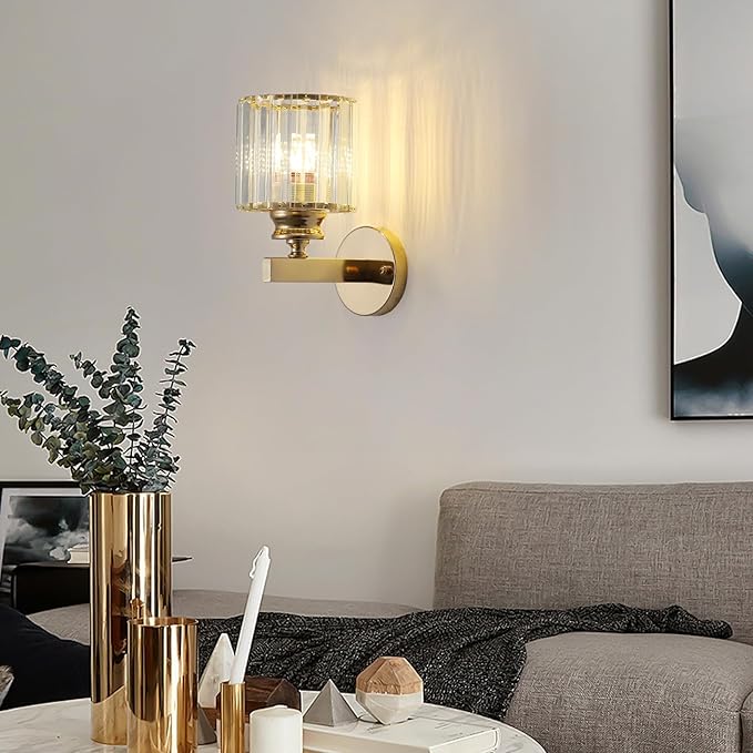 Hardwired Crystal Wall Sconces, Modern E27 Wall Lights, Gold Round Finish Wall Lamp for Living Room Bedroom Dining Room Hallway Entryway (Gold Round)