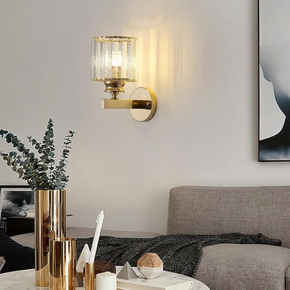 Hardwired Crystal Wall Sconces, Modern E27 Wall Lights, Gold Round Finish Wall Lamp for Living Room Bedroom Dining Room Hallway Entryway (Gold Round)