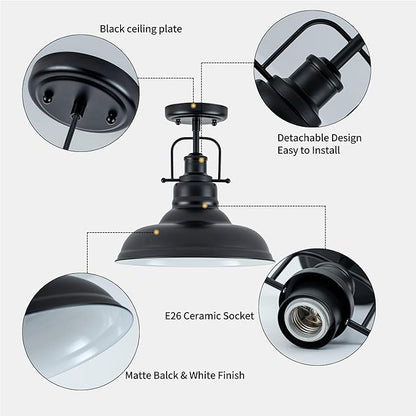 Zlepmlla Famrhouse Ceiling Light, Semi Flush Mount Light Fixture with Metal Dome Shade, Balck Ceiling Light for Hallway, Entryway,Kitchen