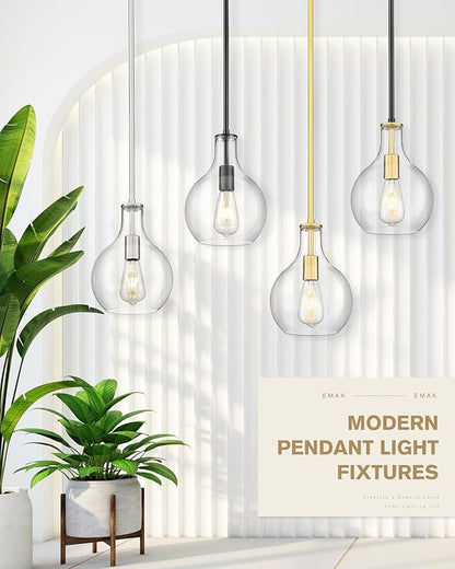 Emak Black and Gold Pendant Lights Kitchen Island, 8 Inch Pendant Light Fixtures with Clear Glass Shade, Modern Farmhouse Island Lights for Kitchen, Dining Room, Bathroom, PL125-BKBGD-CG