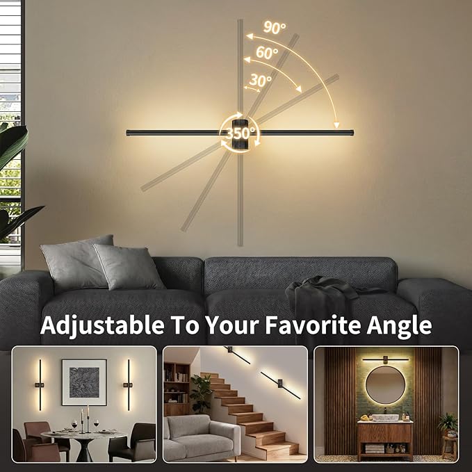 ONEWISH Battery Operated Wall Sconces Set of 2, 27.75" Rechargeable Wall Lights with Remote, 3-Color Dimmable Wireless Sconces for TV Wall Decor, Picture Light, Bedroom, Black