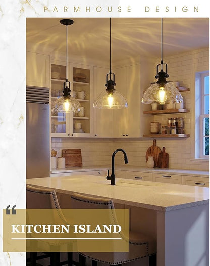 Large Pendant Lights Kitchen Island, 10.5" Farmhouse Black Pendant Lighting with Hammered Glass Shade, Vintage Hanging Light Fixtures for Dining Room Entryway, AD-22151-1PL-BK-H