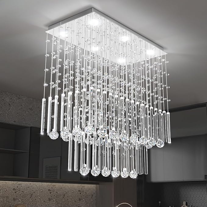 Flashing God D24''XH28'' Rectangular Crystal Chandelier SilverRectangle Pendant Ceiling Light Fixture Raindrop Chandelier for Dining Room Living Room Kitchen Island Bar