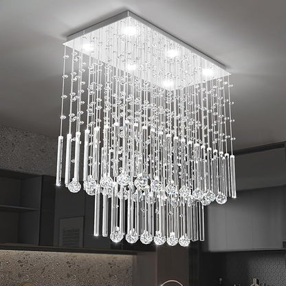 Flashing God D24''XH28'' Rectangular Crystal Chandelier SilverRectangle Pendant Ceiling Light Fixture Raindrop Chandelier for Dining Room Living Room Kitchen Island Bar