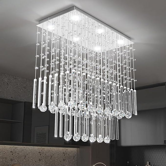 Flashing God D24''XH28'' Rectangular Crystal Chandelier SilverRectangle Pendant Ceiling Light Fixture Raindrop Chandelier for Dining Room Living Room Kitchen Island Bar