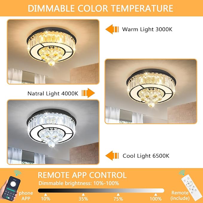 11.8" Black Modern Crystal Chandeliers for Dining Room LED Dimmable Light Fixtures Flush Mount Light Living Room Bedrooms