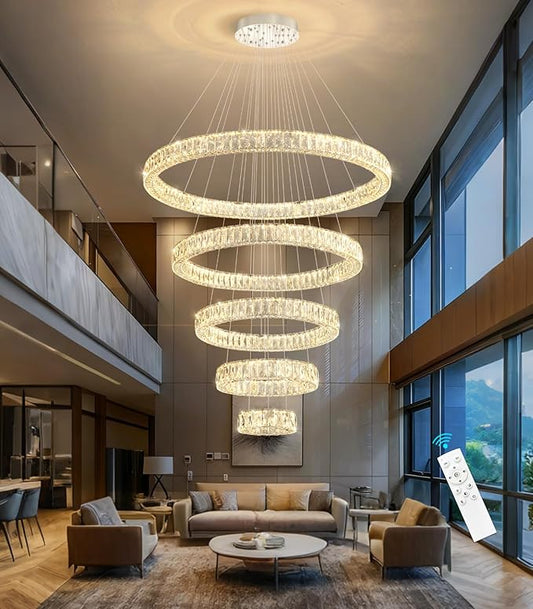 HAIXIANG 5-Rings Modern Chandelier with LED Dimmable Lights Crystal High Ceiling Chandeliers Lighting for Living Room Foyer Entryway Luxury Indoor Light Silver Fixtures