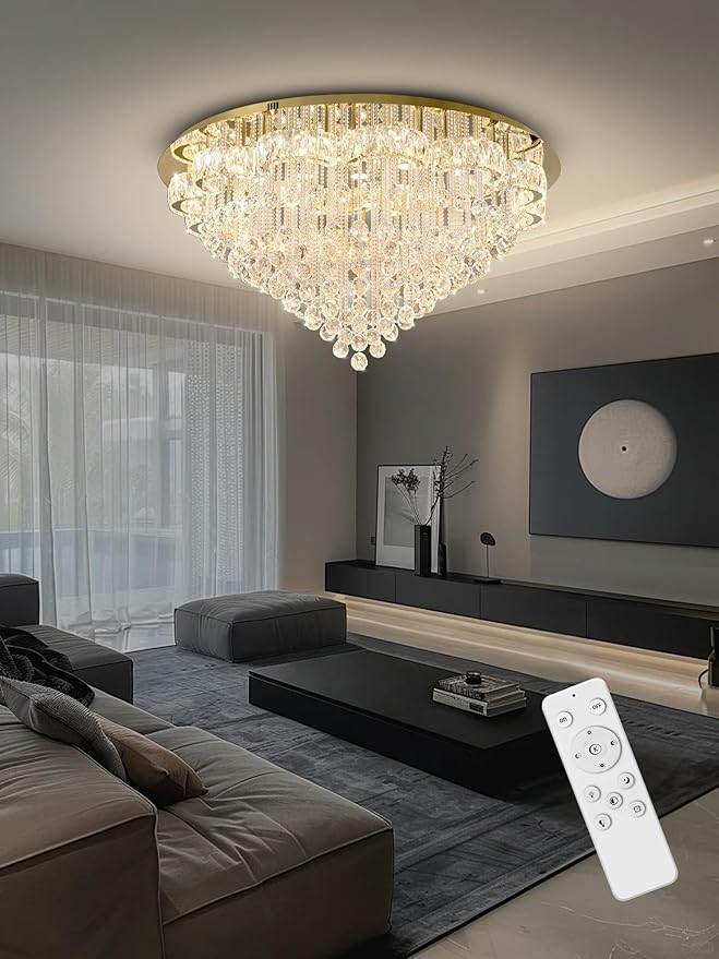 Flashing God 48inches Gold Crystal Chanderliers for Living Room Entryway Modern Crystal Folwer Ceiling Light for Foyer Interior LED Dimmable Lighting 2700k 4500k 6000k