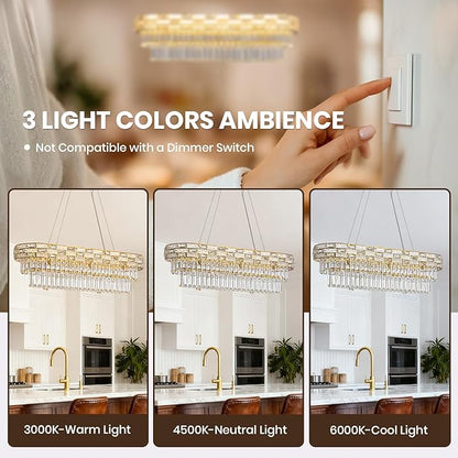 47.2" L Modern Crystal Chandelier, Gold Large Chandeliers for Dining Room, K9 Luxury Chandelier, Pendant Light Fixture, LED Chandelier for Living Room Kitchen Island Entryway