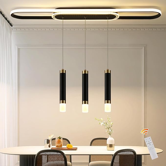 Jaycomey Modern LED Chandelier, Dimmable LED Ceiling Chandelier with Remote Control, 3-Light Acrylic Pendant Light for Dining Room, Kitchen Island, Living Room, 62W Black