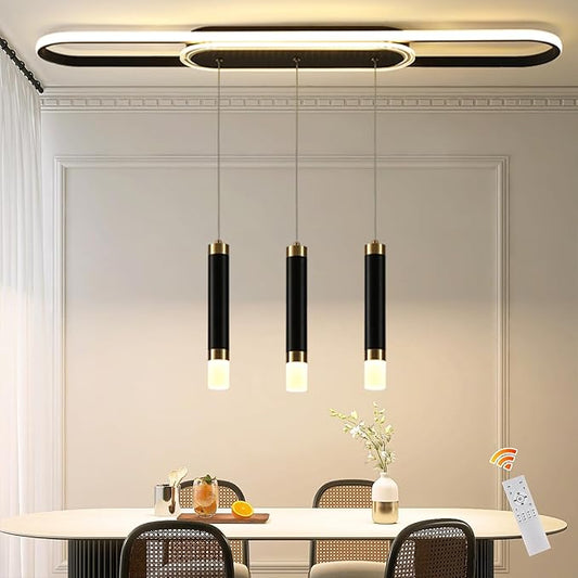 Jaycomey Modern LED Chandelier, Dimmable LED Ceiling Chandelier with Remote Control, 3-Light Acrylic Pendant Light for Dining Room, Kitchen Island, Living Room, 62W Black