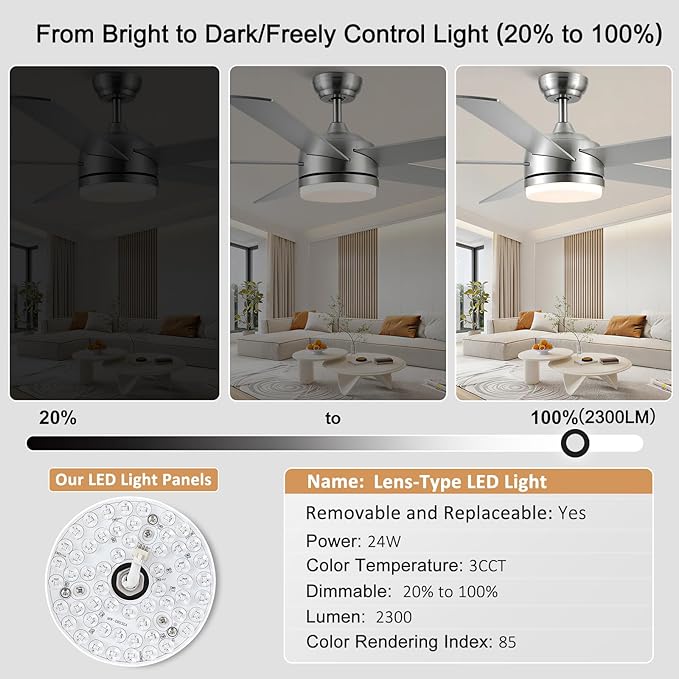 YUHAO 60 Inch Brushed Nickel Ceiling Fan with Light and Remote Control.Noiseless,Dimmable,3CCT,6 Speeds Reversible, DC Ceiling Fans for Indoor or Covered Outdoor Use.ETL Listed