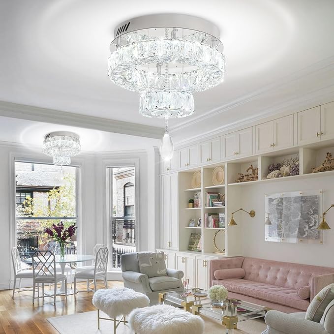 Flashing God Dia 12" Mini Chandelier Modern Crystal Chandeliers for Hallway Silver Flush Mount Ceiling Light Modern Chandeliers Lighting for Bedroom Staircase Kitchen