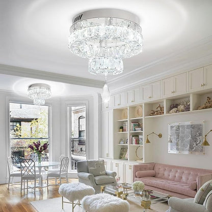 Flashing God Dia 12" Mini Chandelier Modern Crystal Chandeliers for Hallway Silver Flush Mount Ceiling Light Modern Chandeliers Lighting for Bedroom Staircase Kitchen