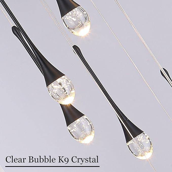 Modern Crystal Chandelier 7-Lights Black, H60'' High Ceiling Spiral Dimmable LED Bubble Crystal Raindrop Light Fixture for Foyer Entryway Dining Room Remote Control