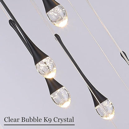 Modern Crystal Chandelier 7-Lights Black, H60'' High Ceiling Spiral Dimmable LED Bubble Crystal Raindrop Light Fixture for Foyer Entryway Dining Room Remote Control