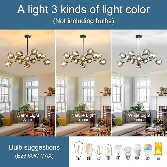 DDLLDESHI Modern Black Chandelier Sputnik Ceiling Light Fixture with 12 Globe Glass Shade Chandeliers for Dining Room Farmhouse Kitchen Living Room Bedroom Office（34" Large Chandelier）
