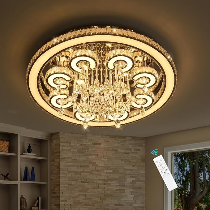 HAIXIANG Modern Chandelier LED Glam Living Room Crystal Light Interior Luxury High Ceiling Chandeliers Remote Dimmable Lights Fixture 40 Inches Silver