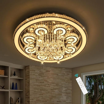 HAIXIANG Modern Chandelier LED Glam Living Room Crystal Light Interior Luxury High Ceiling Chandeliers Remote Dimmable Lights Fixture 40 Inches Silver