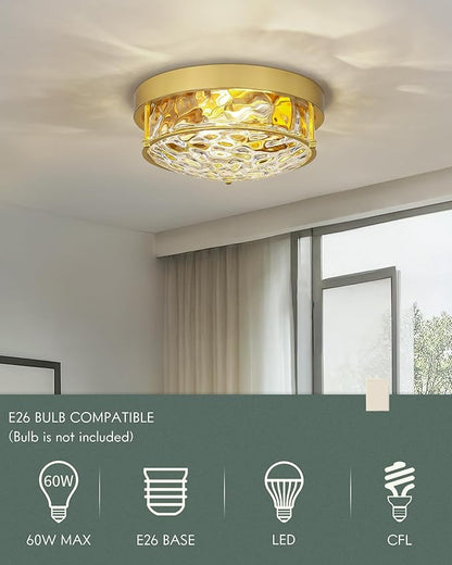 Polished Gold 12" Ceiling Fixture – Hammered Glass, Farmhouse-Inspired Flush Mount for Bedroom, Living Room, or Dining Area - CKCL4822-2W-HGPG