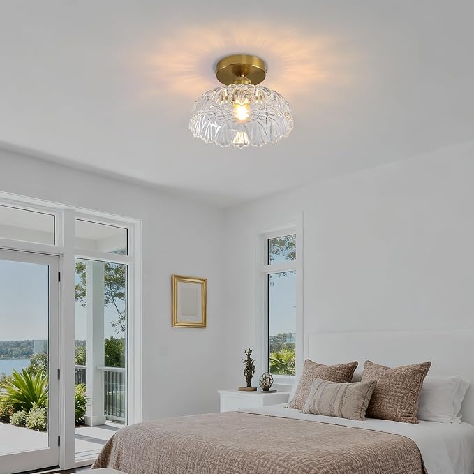 Semi Flush Mount Ceiling Light Mid Century Modern Floral Translucent Glass Shade, Close to Ceiling Lighting Fixtures for Bedroom, Bathroom, Kitchen, Closet Laundry Room, Foyer and Hallway 9.45 in