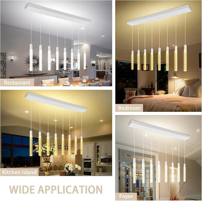 8-Light Silver Rectangular LED Chandelier, Bubble Crystal Column Chandeliers, Modern Dimmable Adjustable Height Hanging Light for Kitchen Island, Over Dining Room Table