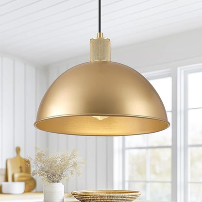 12 Inch Gold Dome Pendant Lights 2 Pack for Kitchen Island, Height Adjustable Farmhouse Industrial Hanging Light Fixtures Over Table for Dining Room, Entryway