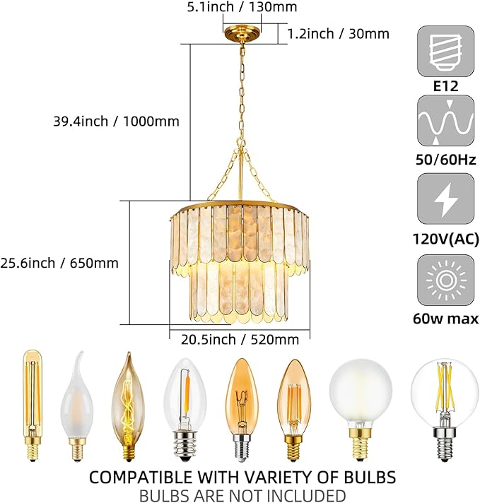 Capiz Shell Chandelier H66.2'' x D20.5'', Natural Ceiling Light Fixtures Coastal Chandeliers for Living Room Bedroom Office(More Additional Shell Parts Included) Gold