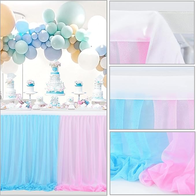 Gender Reveal Table Skirt Pink Blue Tulle Tutu Table Skirts 9 Ft for Gender Reveal Boy or Girls Birthday Party Baby Shower Cake Dessert Decorations