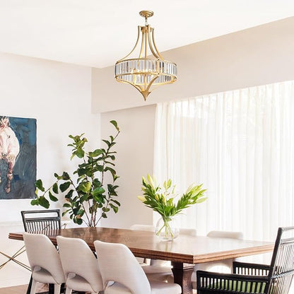 Crystal Chandeliers for Dining Room 21.6" Rustic Farmhouse Chandelier with Round Metal Shade 6-Light Large Gold Dining Room Light Fixture for Kitchen, Hallway, Bedroom, Foyer