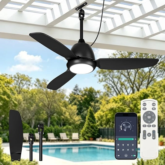 VOLISUN Outdoor Ceiling Fans with Light for Patios, 42in Weatherproof Plug in Ceiling Fan, 3CCT Dimmable Gazebo Fan Remote&APP Control, Black Caged Ceiling Fan for Porch, Pergola,Canopy,Pavilion