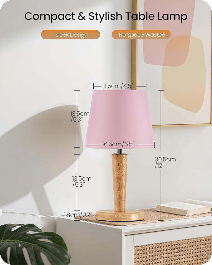 12" Wood Bedside Table Lamps Set of 2, Small Desk Lamps for Small Places, 3 Color Temperatures with Memory, Pink Linen Shade & E26 Bulbs, for Bedroom Living Room Office MP13TLP205