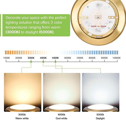 hykolity 5/6 Inch Selectable CCT LED Disk Light Flush Mount, 3000K/4000K/5000K, Dimmable Recessed Retrofit Ceiling Light, CRI90, 1050lm, 15W, Installs Into Junction Box or Recessed Can, Gold, 12 Pack