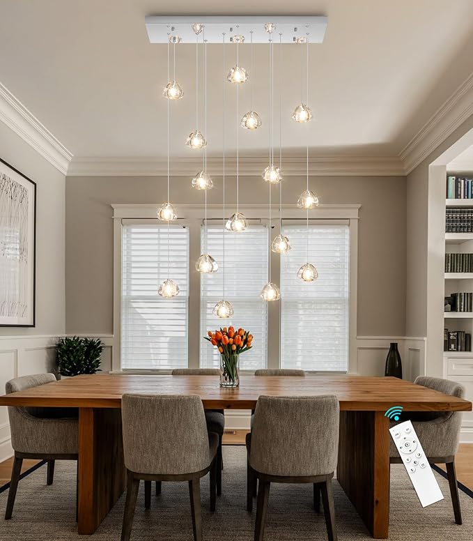 HAIXIANG Crystal Rectangular LED Chandelier for Living Dining Room Light Dimmable High Ceiling Pendant Lights Fixtures Lighting Chandeliers for Foyer Entryway Lighting Polished Chrome