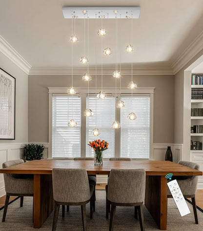HAIXIANG Crystal Rectangular LED Chandelier for Living Dining Room Light Dimmable High Ceiling Pendant Lights Fixtures Lighting Chandeliers for Foyer Entryway Lighting Polished Chrome