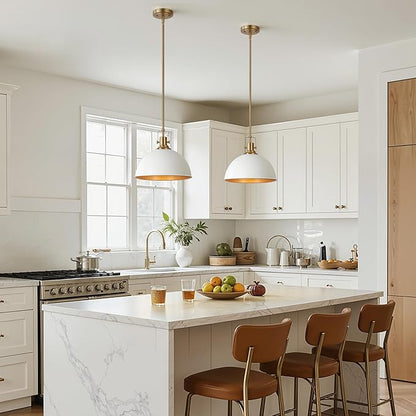 LamQee 13 Inch White and Gold Metal Pendant Light Kitchen Island, Farmhouse Modern Dome Pendant Light Fixtures Ceiling Hanging Lighting Chandelier for Dining Room Over Table, Bar, Hallway, Entryway