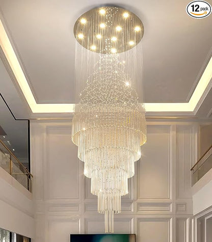 HAIXIANG W32 x H100 Glam Chandelier with LED Bulbs Crystal Raindrop High Ceiling Pendant Light for Entrance Large Villa Chandelier Foyer Lighting Fixtures Silver