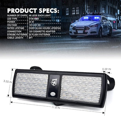 Xprite Blue 2-in-1 Visor Strobe Lights Interior Windshield Emergency Warning Lights for Police Firefighter Construction Vehicles Trucks