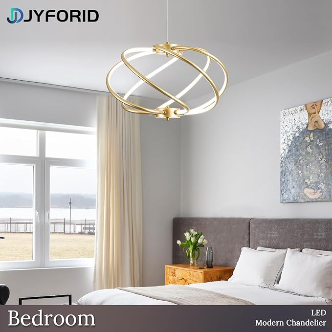 Gold Modern Chandelier with Remote Control, 48W 3-Color Temperature Dimmable LED Chandelier for Dining Room, Hanging Adjustable Pendant Light for Living Room Kitchen Foyer Entryway