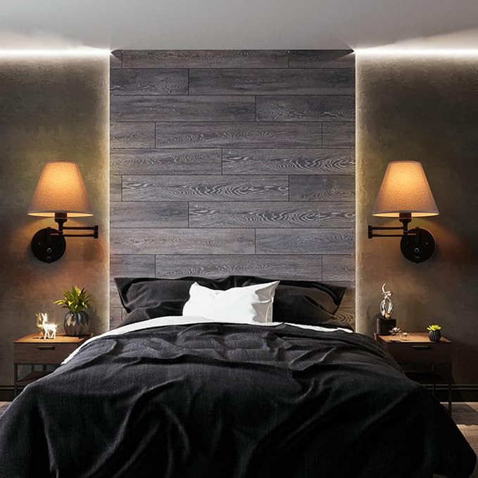 Swing Arm Wall Lamp.Wall Mount lamp with Dimmable Switch.Plug in Wall Sconces with USB Charging Port. Black Sconces Wall Lighting Suitable for Bedroom,Living Room.