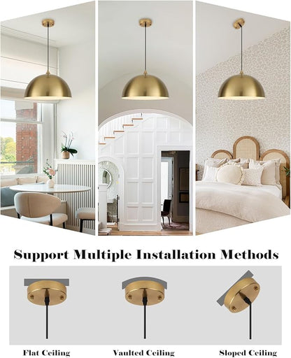 Gold Pendant Lights Kitchen Island, 16 Inch Gold Dome Pendant Light, Modern Farmhouse Pendant Light for Kitchen Island, Dining Room, Cafe, Bar, 2 Pack