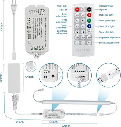 Under Cabinet LED Lights Kit. RGB Color Changing & Super Bright White Lighting. Dimmable with Remote. 6 pcs Linkable LED Light Strips with Power Supply, Extension Cords. Plug in. Max 24W. RGB + 5000K.