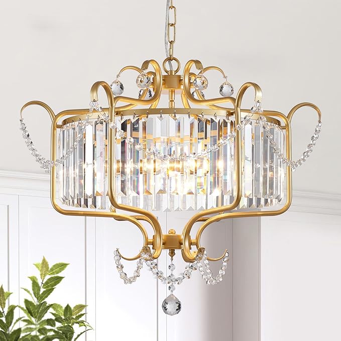 Modern Crystal Chandelier for Dining Room 24" Large Gold 6-Light Farmhouse Pendant Lighting Fixtures for Living Room Kitchen Island Hallway Bedroom Foyer