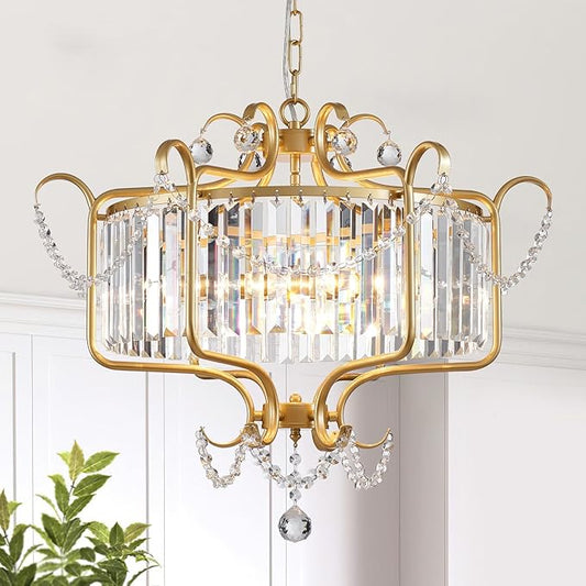 Modern Crystal Chandelier for Dining Room 24" Large Gold 6-Light Farmhouse Pendant Lighting Fixtures for Living Room Kitchen Island Hallway Bedroom Foyer