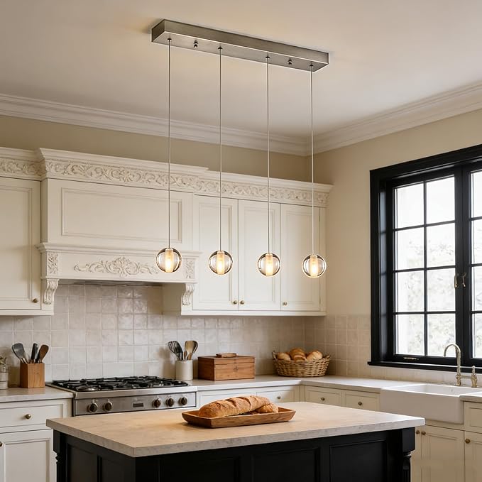 Brushed Nickel 4 Lights Rectangular Chandeliers, Bubble Light Fixture, Modern Crystal Globe Hanging Kitchen Pendant Lights Over Sink for Dining Room Kitchen Island Hallway Bedroom