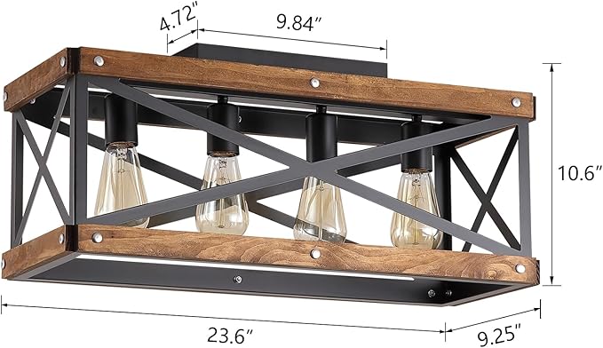 4-Light Large Rustic Farmhouse Wood Flush Mount Ceiling Light Fixture 23.6 inch Oak Wood and Metal Rectangular Track Semi Flush Mount Ceiling Light for Kitchen Living Room Bedroom Indoor, Black