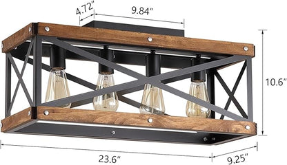 4-Light Large Rustic Farmhouse Wood Flush Mount Ceiling Light Fixture 23.6 inch Oak Wood and Metal Rectangular Track Semi Flush Mount Ceiling Light for Kitchen Living Room Bedroom Indoor, Black