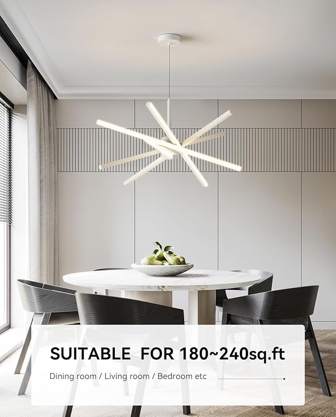 Modern Sputnik Chandelier Ceiling LED Black Pendant Light Embedded Mount Chandeliers Dining Room Light Fixtures Over Table Dimmable with Remote Control for Living Room Kitchen Bedroom (White)