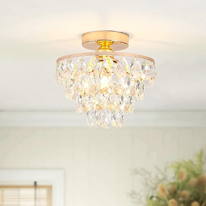 Luupyia Gold Crystal Chandelier Small, Mini Ceiling Light Modern Flush Mount Crystal Chandelier Hallway Overhead Light Fixtures Ceiling for Hallway Bedroom Hall Living Room E26